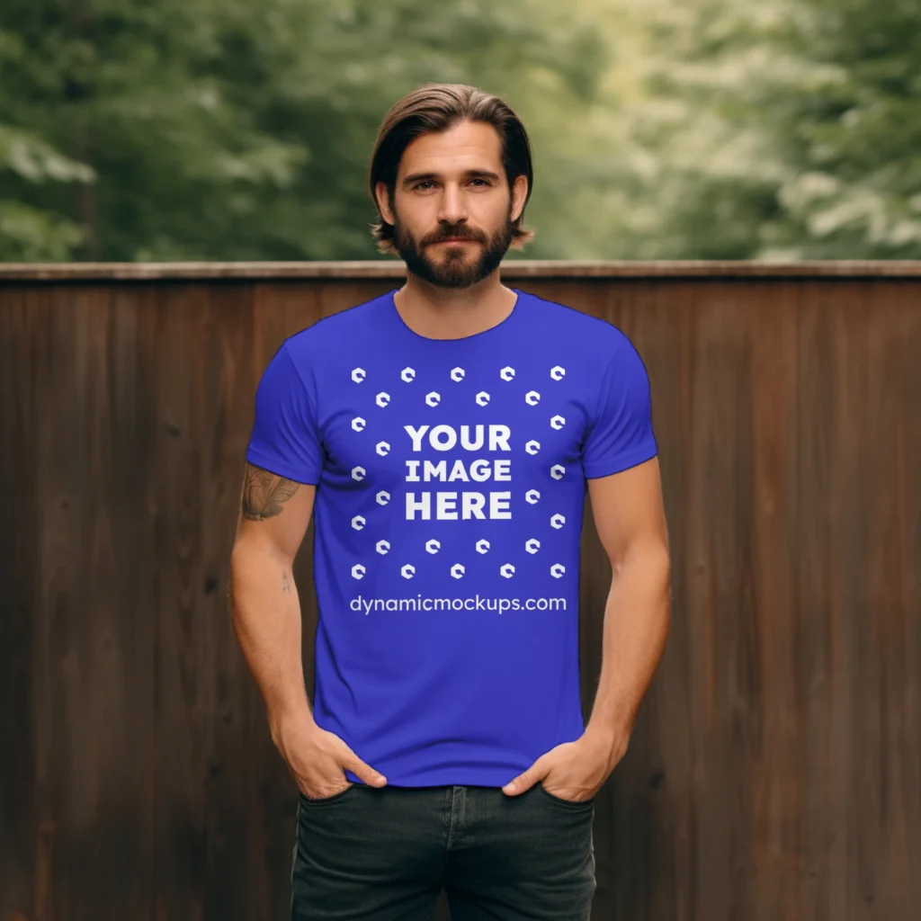 Man Wearing Blue T-shirt Mockup Front View Template