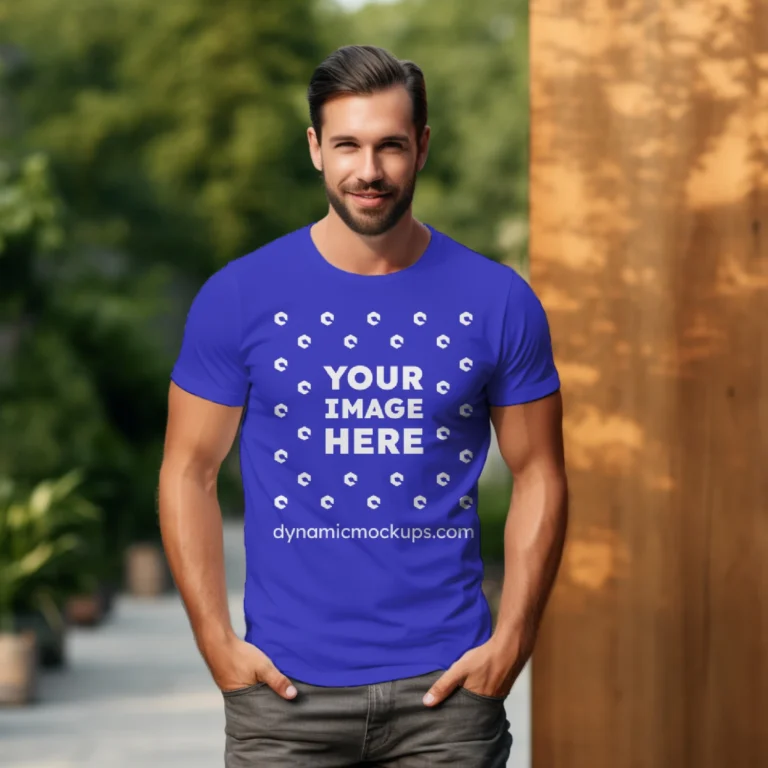 Man Wearing Blue T-shirt Mockup Front View Template