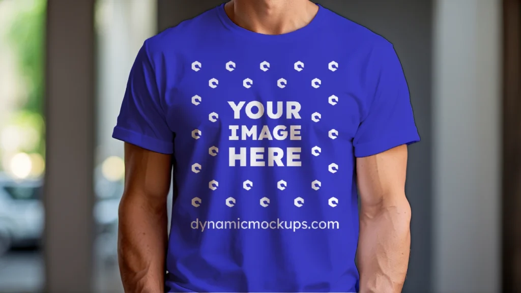 Man Wearing Blue T-shirt Mockup Front View Template