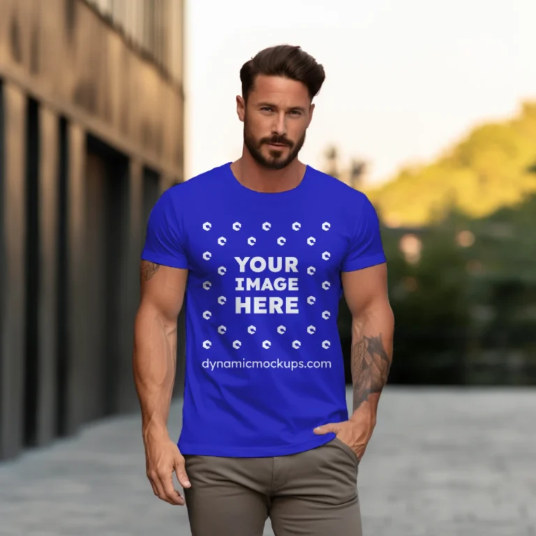 Man Wearing Blue T-shirt Mockup Front View Template