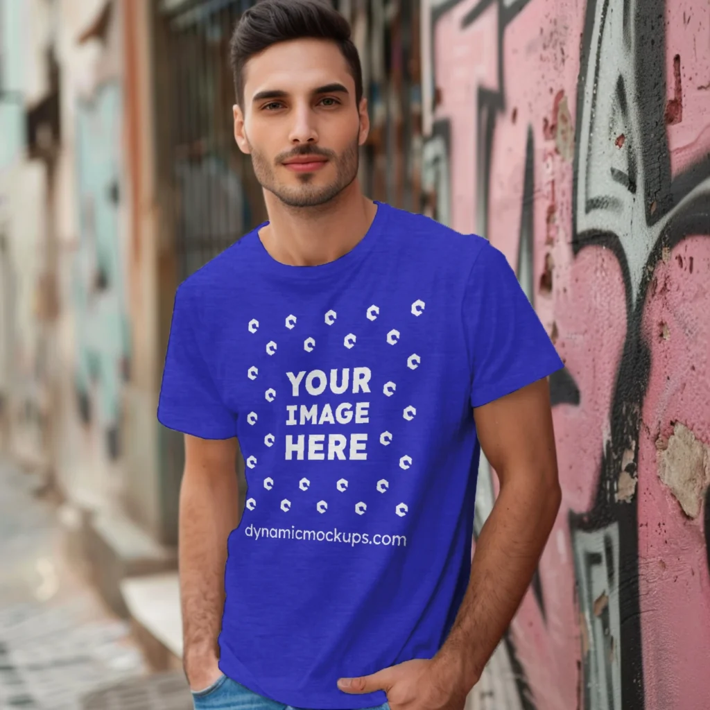 Man Wearing Blue T-shirt Mockup Front View Template