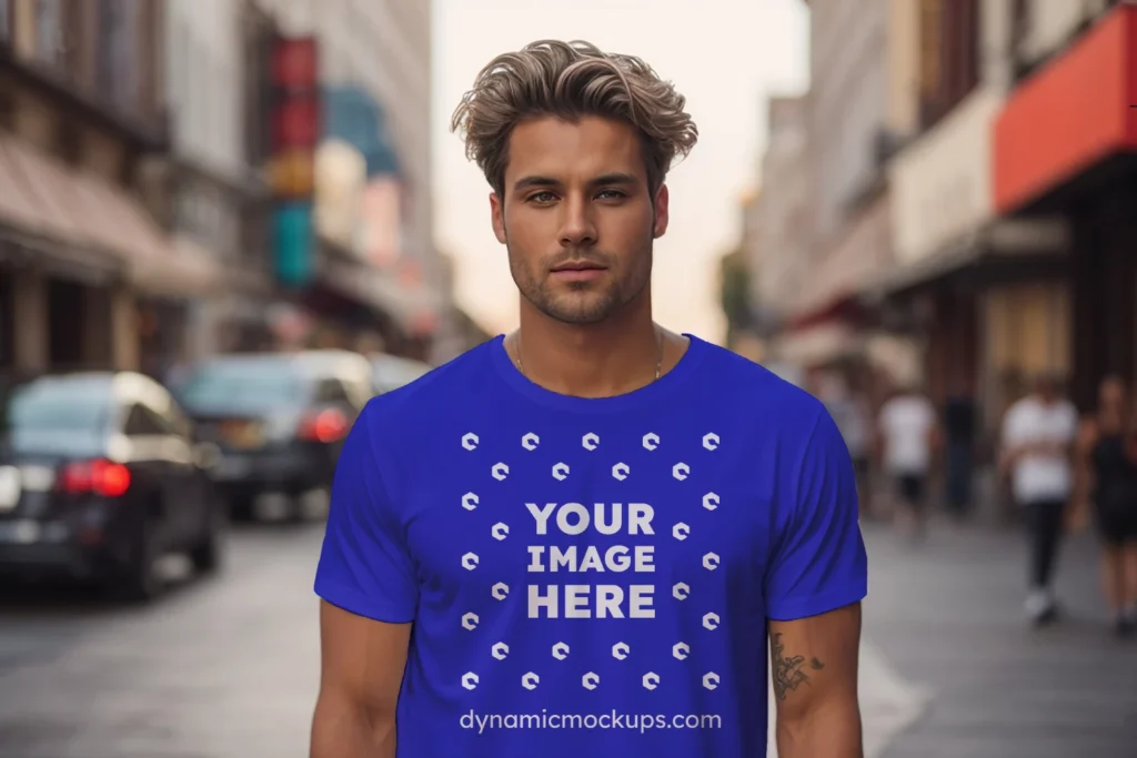 Man Wearing Blue T-shirt Mockup Front View Template