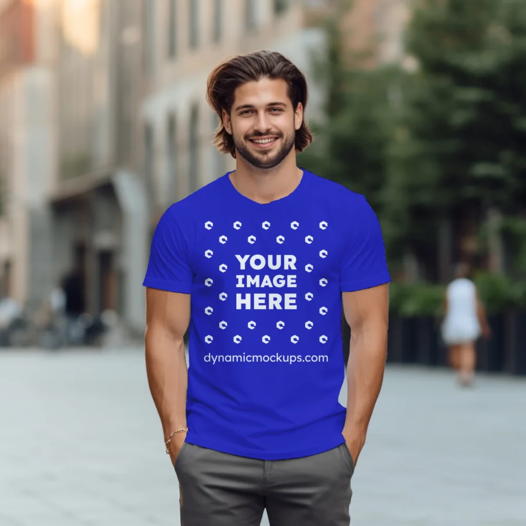 Man Wearing Blue T-shirt Mockup Front View Template