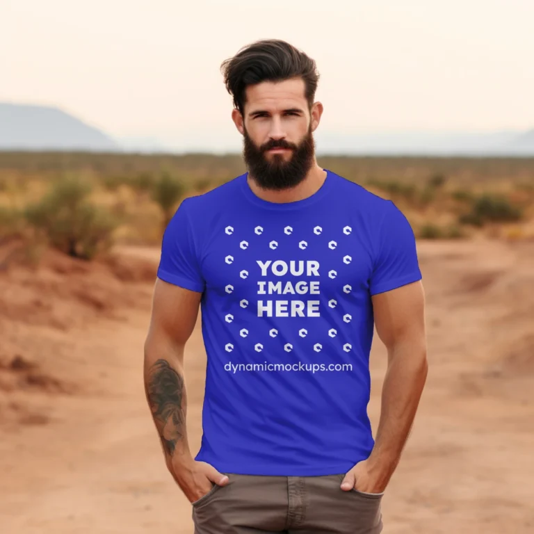 Man Wearing Blue T-shirt Mockup Front View Template