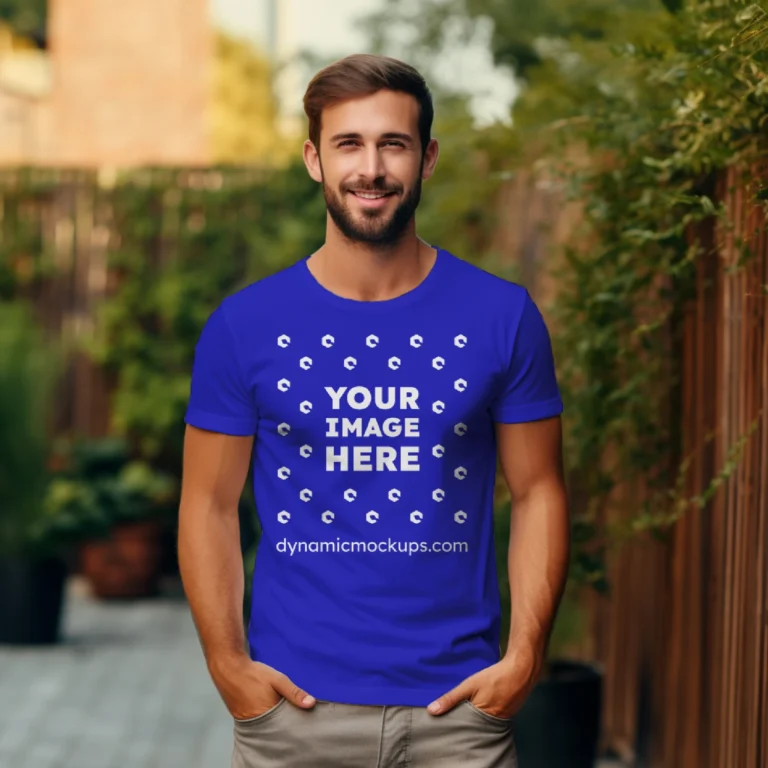 Man Wearing Blue T-shirt Mockup Front View Template