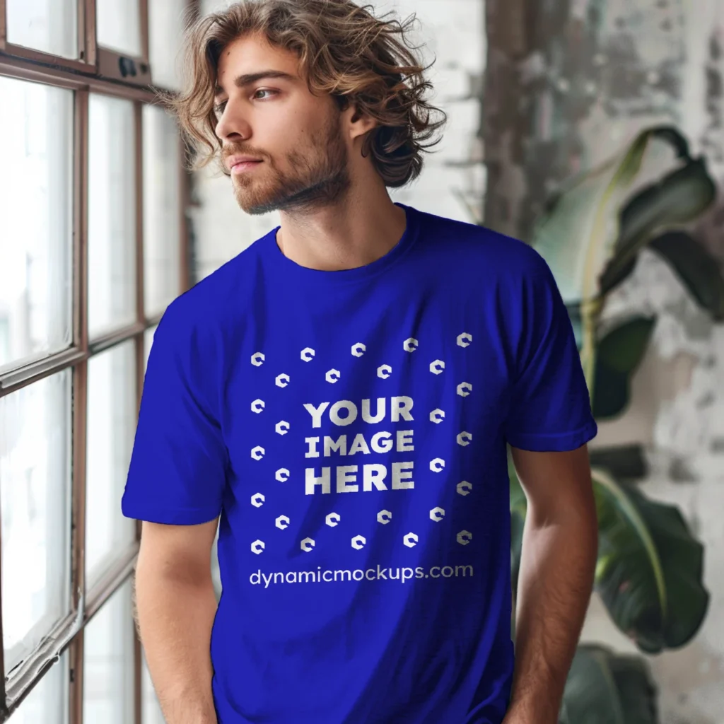 Man Wearing Blue T-shirt Mockup Front View Template