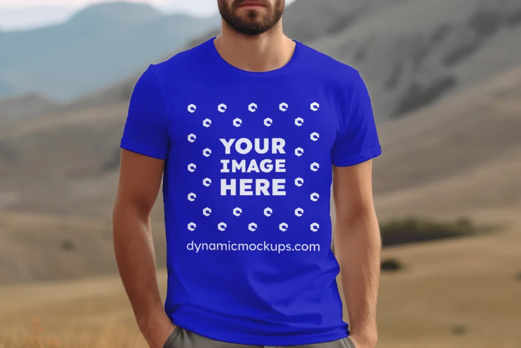 Man Wearing Blue T-shirt Mockup Front View Template