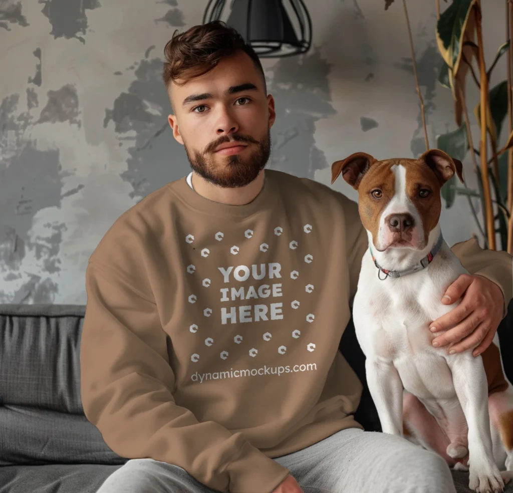 Man Wearing Brown Sweatshirt Mockup Front View Template