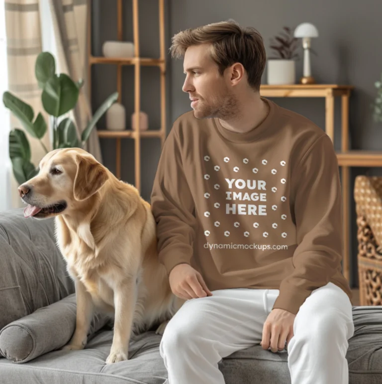 Man Wearing Brown Sweatshirt Mockup Front View Template