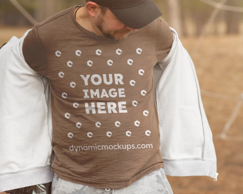 Man Wearing Brown Sweatshirt Mockup Front View Template