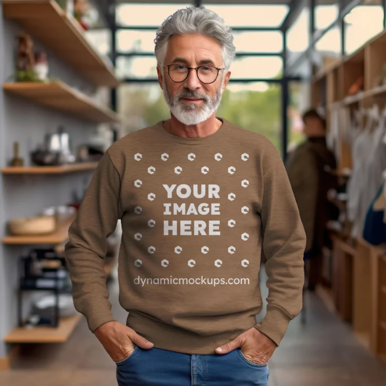 Man Wearing Brown Sweatshirt Mockup Front View Template