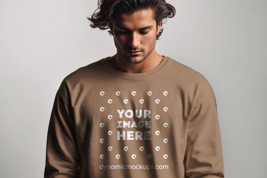 Man Wearing Brown Sweatshirt Mockup Front View Template