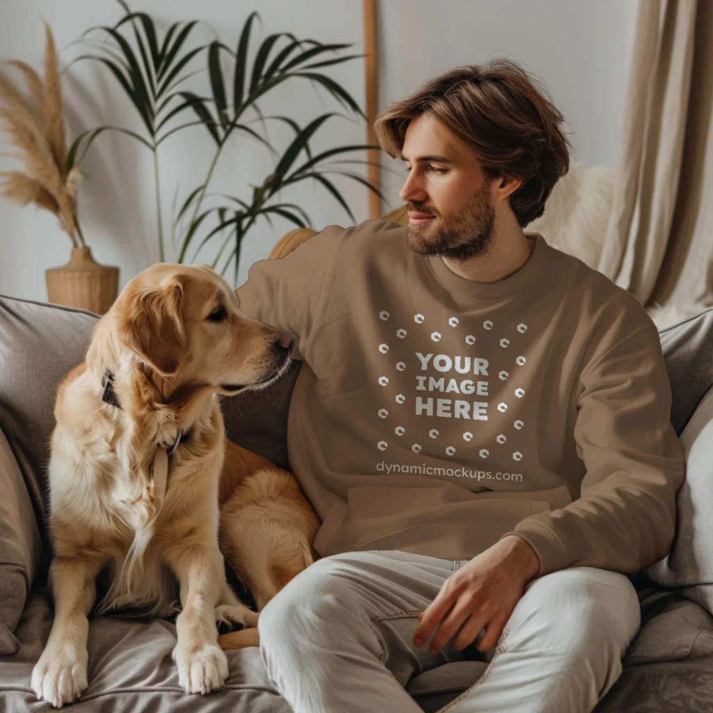 Man Wearing Brown Sweatshirt Mockup Front View Template