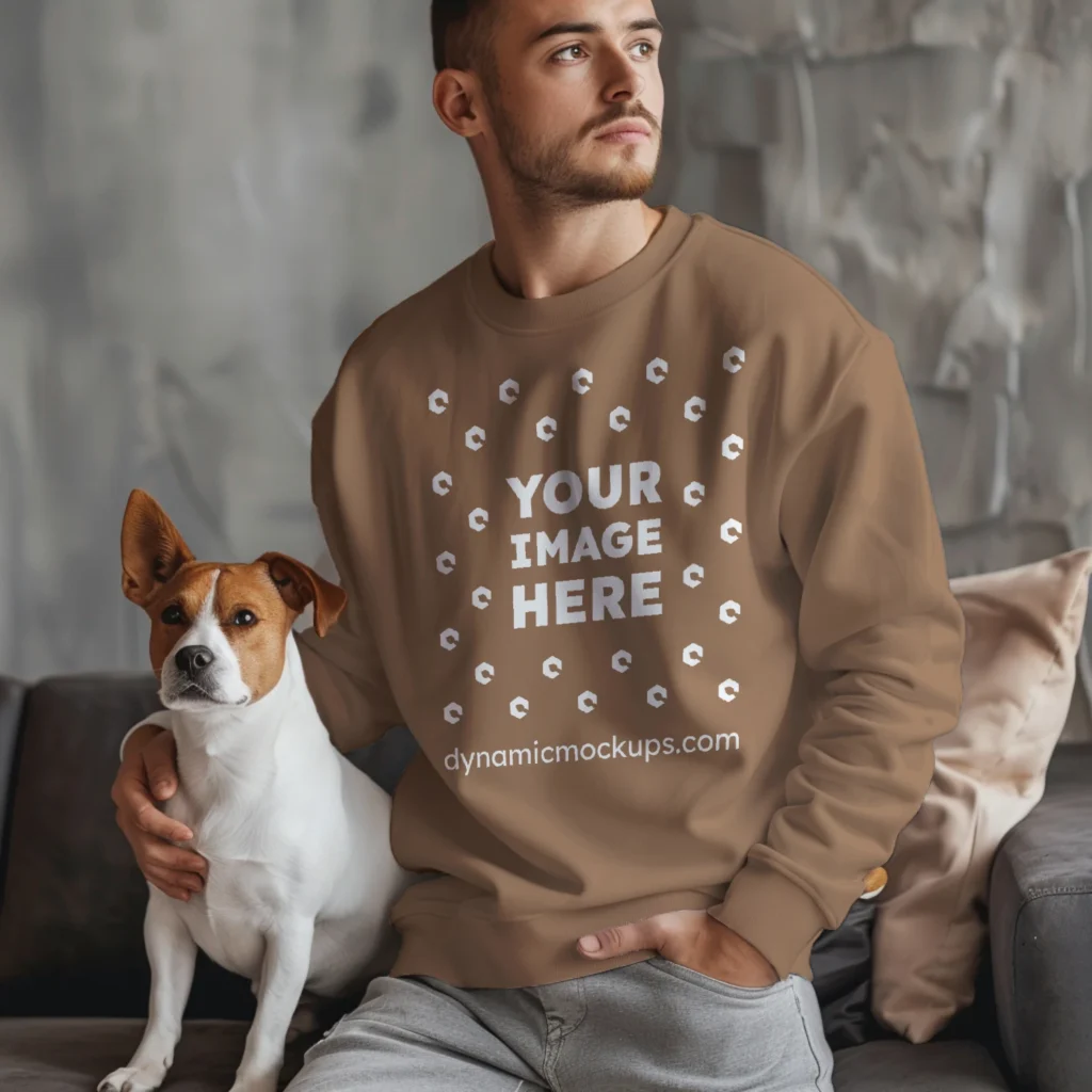 Man Wearing Brown Sweatshirt Mockup Front View Template