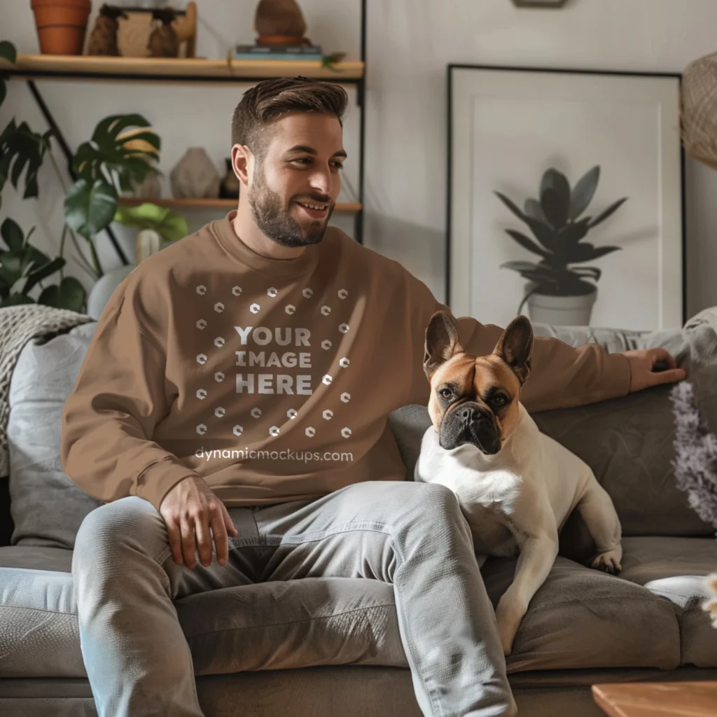 Man Wearing Brown Sweatshirt Mockup Front View Template