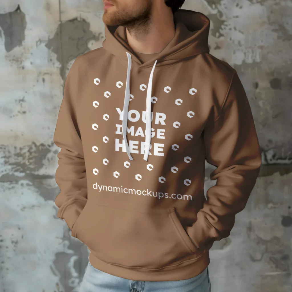 Man Wearing Brown Hoodie Mockup Front View Template