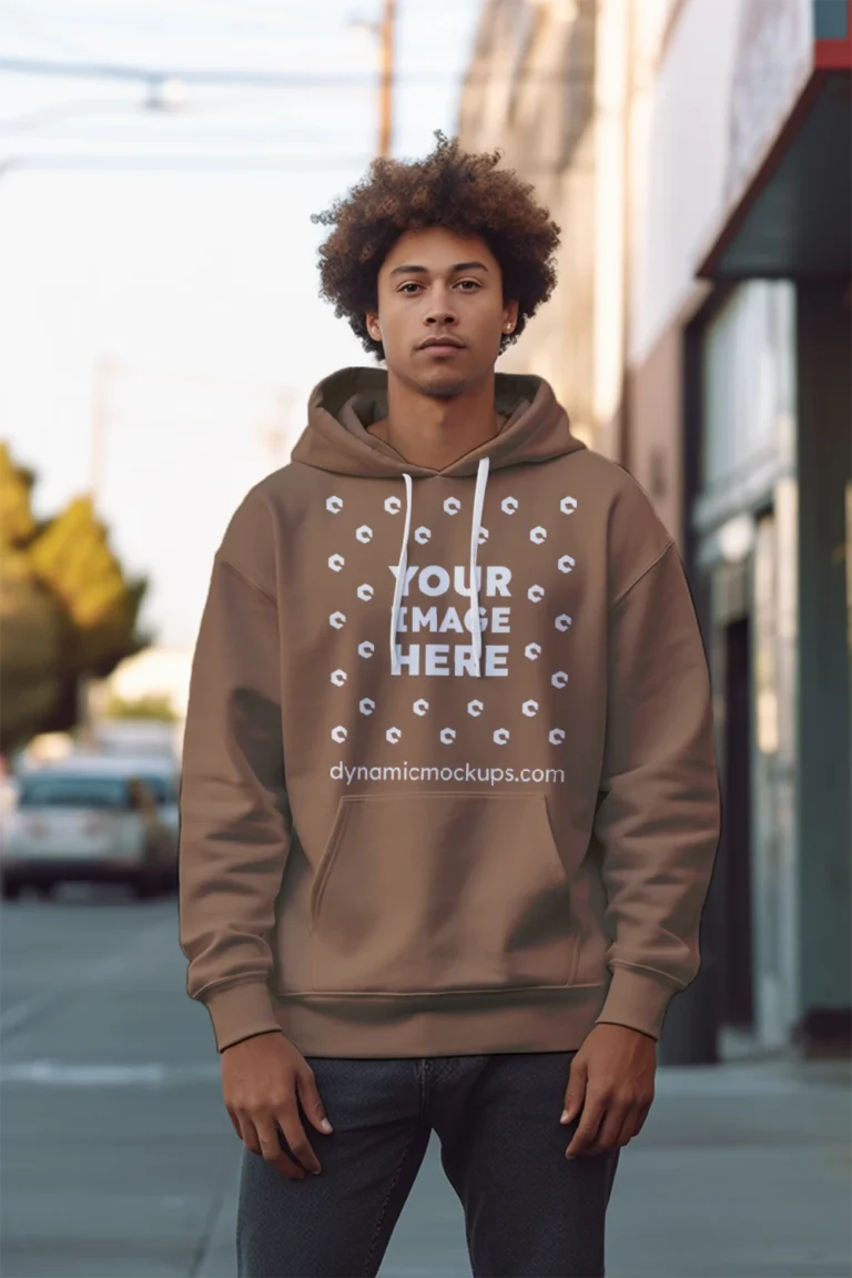 Man Wearing Brown Hoodie Mockup Front View Template