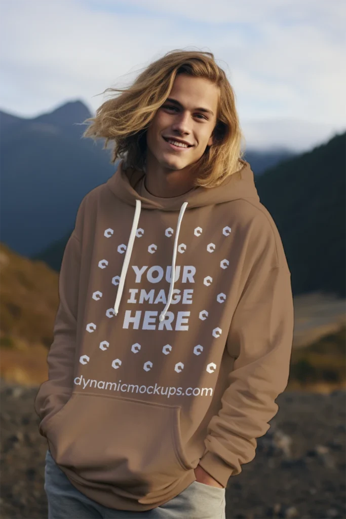 Man Wearing Brown Hoodie Mockup Front View Template