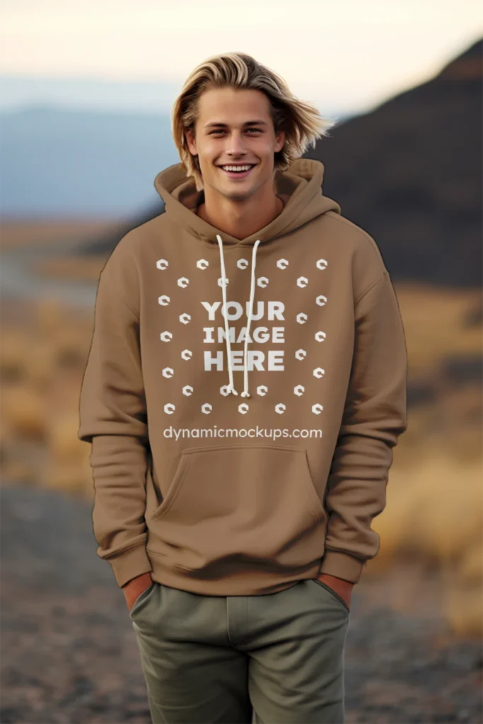 Man Wearing Brown Hoodie Mockup Front View Template