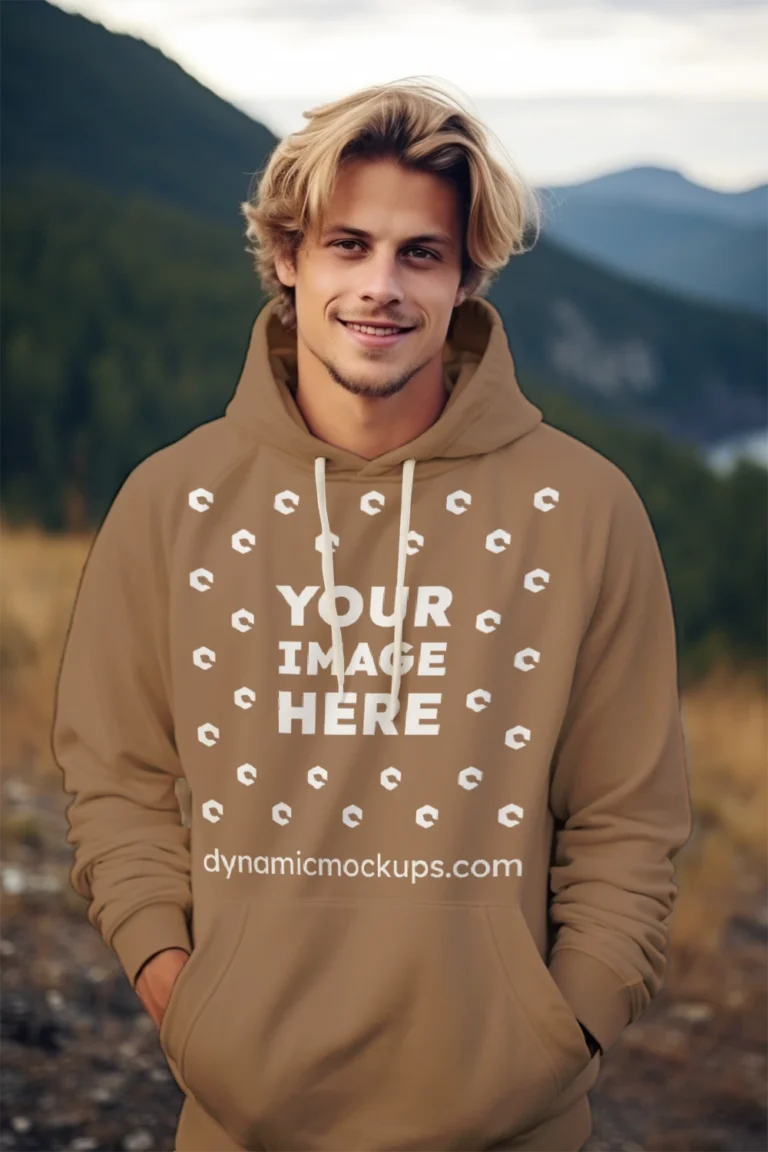 Man Wearing Brown Hoodie Mockup Front View Template