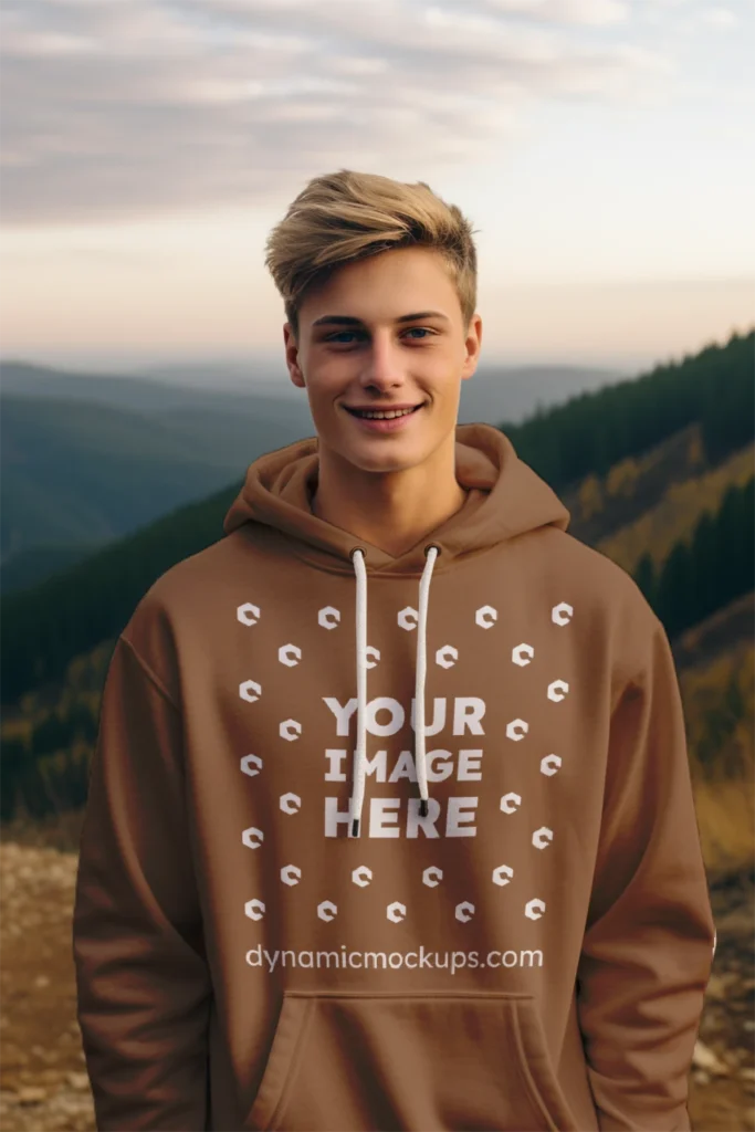 Man Wearing Brown Hoodie Mockup Front View Template