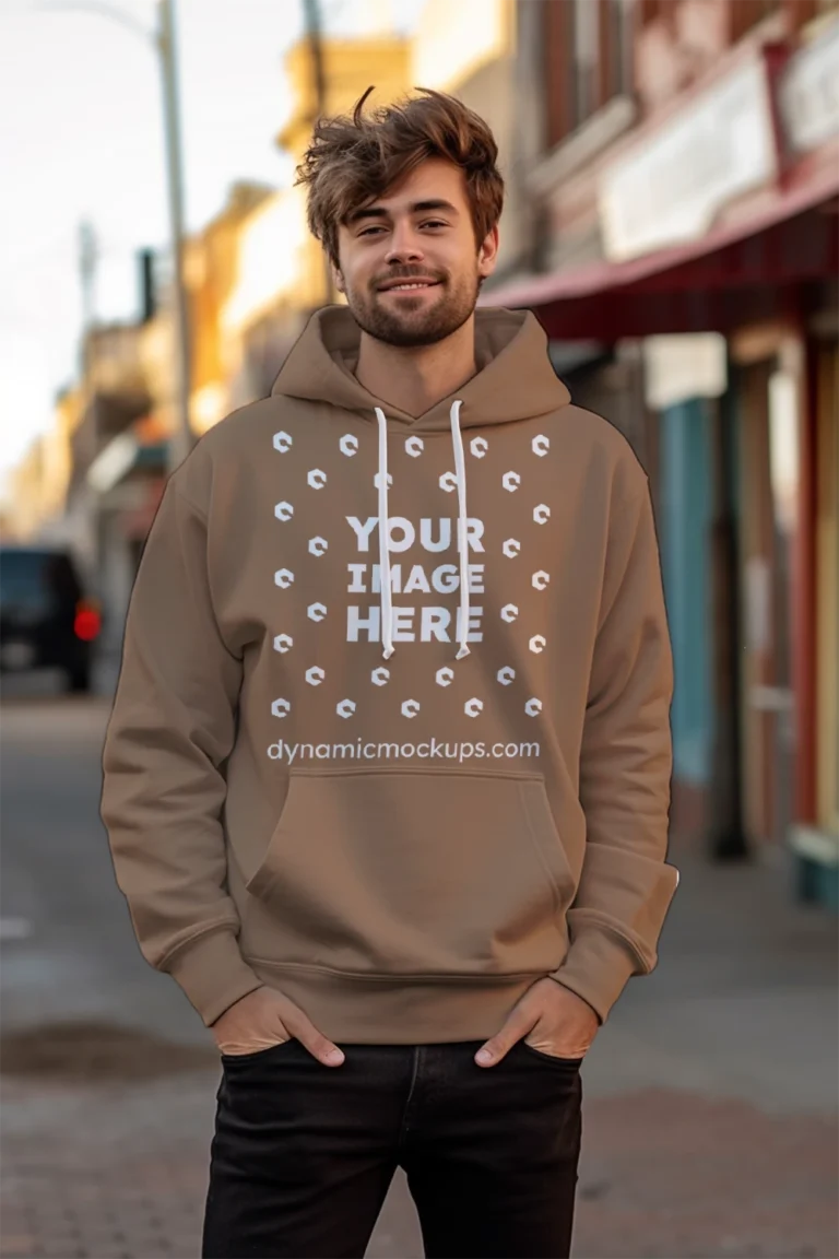 Man Wearing Brown Hoodie Mockup Front View Template