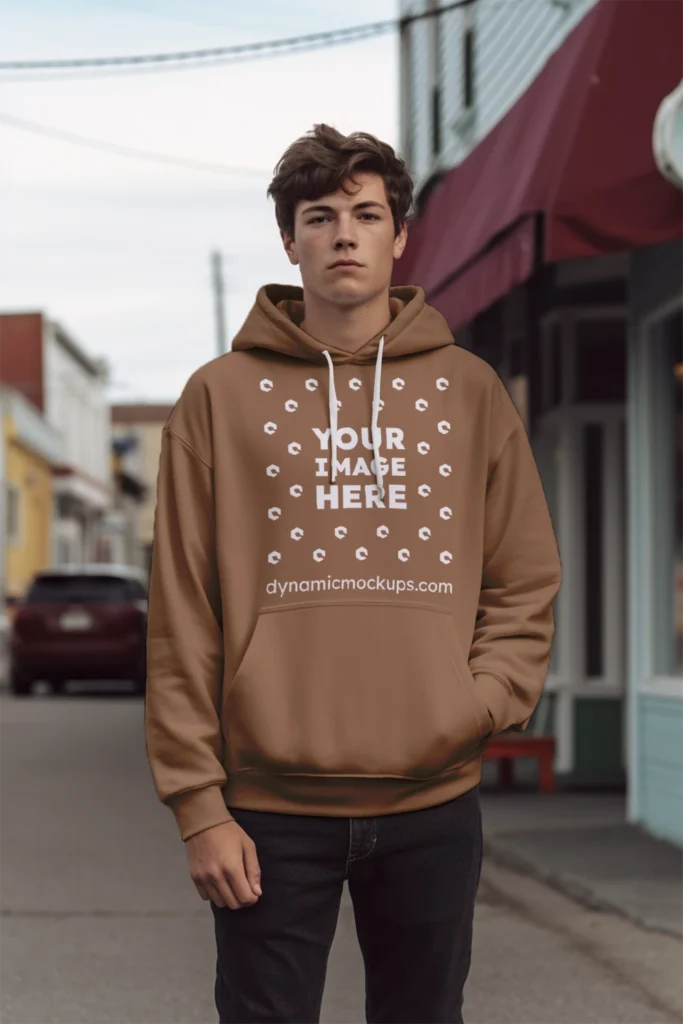 Man Wearing Brown Hoodie Mockup Front View Template