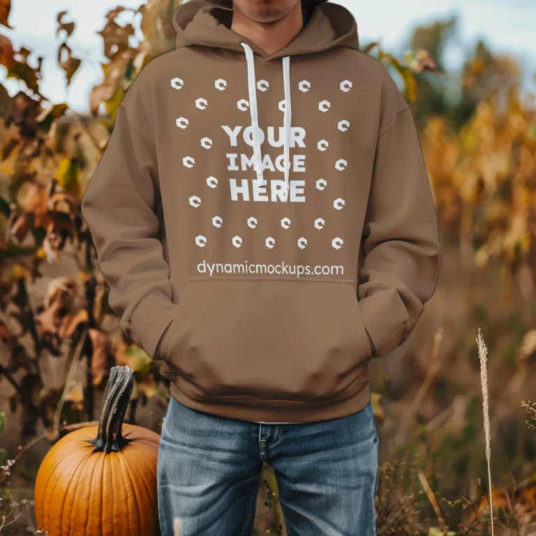 Man Wearing Brown Hoodie Mockup Front View Template