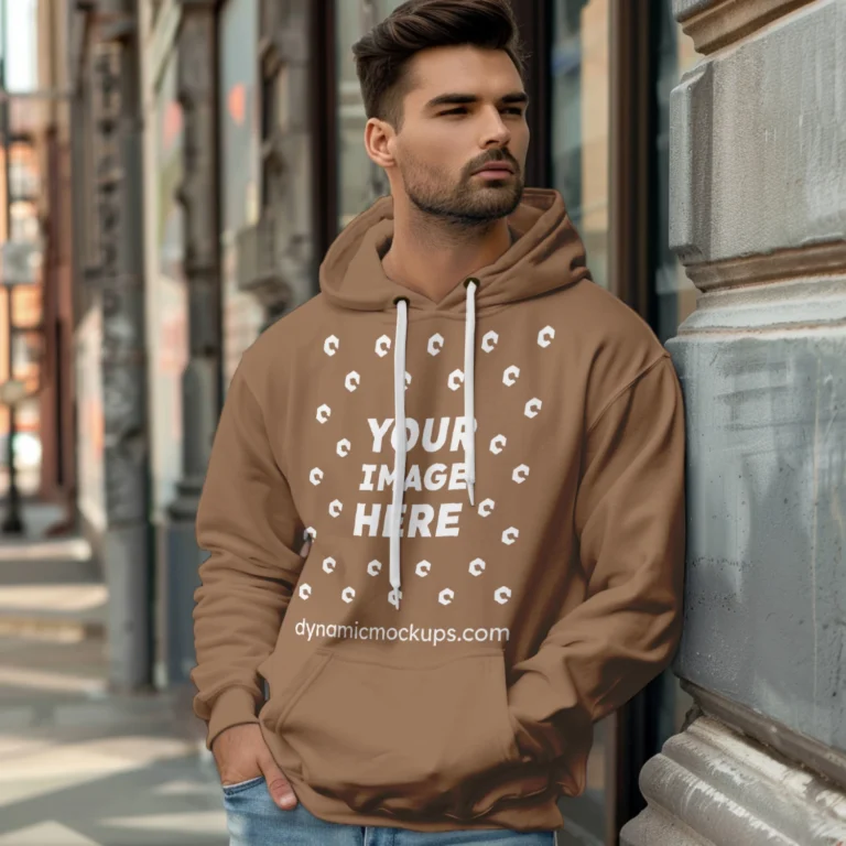 Man Wearing Brown Hoodie Mockup Front View Template