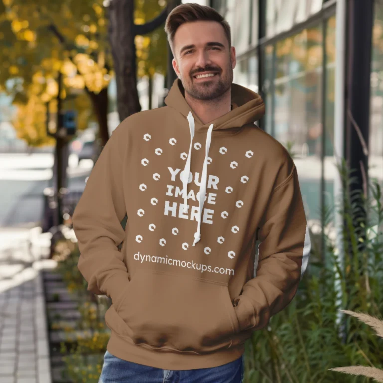 Man Wearing Brown Hoodie Mockup Front View Template