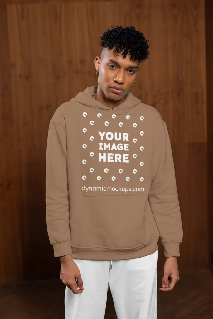 Man Wearing Brown Hoodie Mockup Front View Template