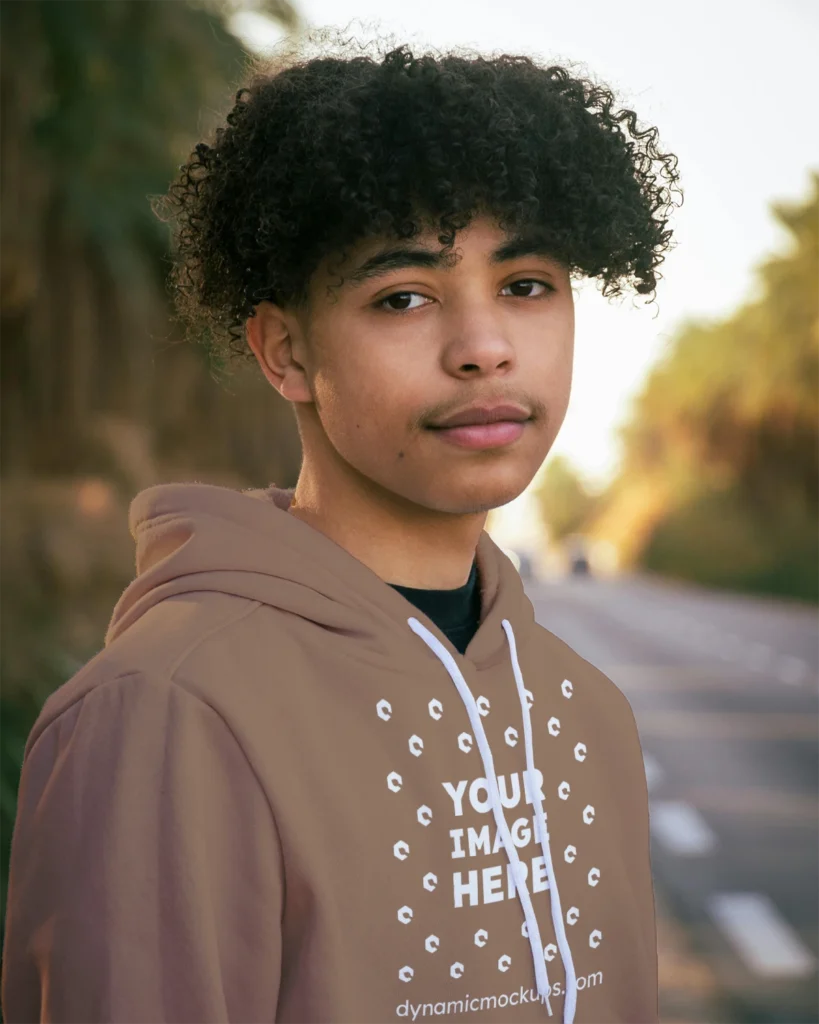 Man Wearing Brown Hoodie Mockup Front View Template