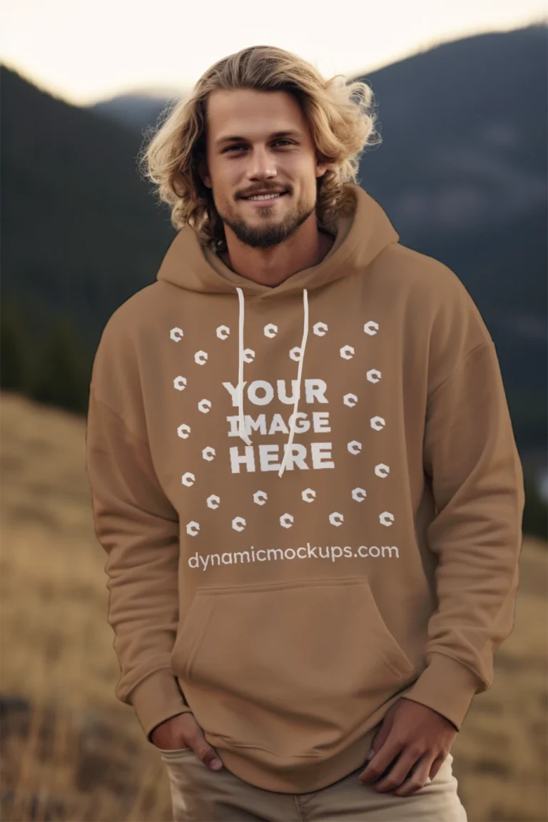 Man Wearing Brown Hoodie Mockup Front View Template