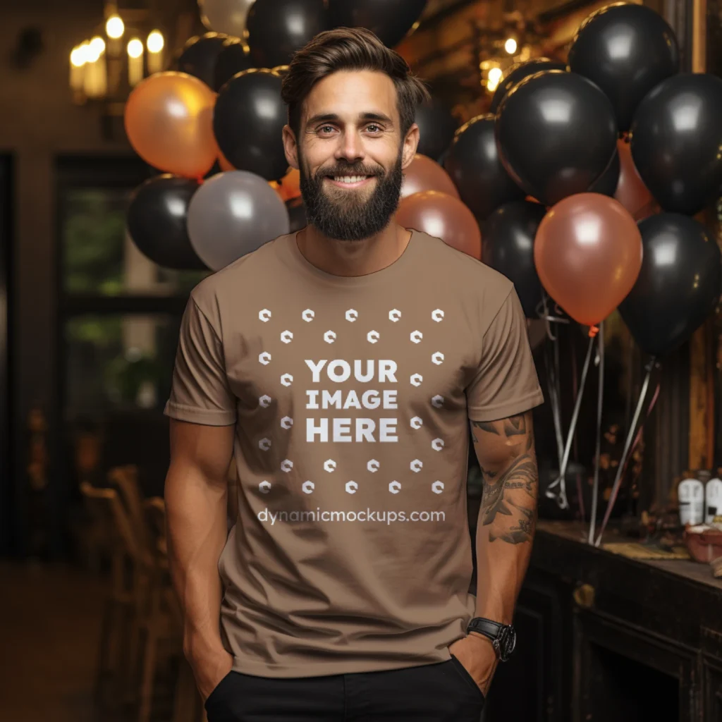 Man Wearing Brown T-shirt Mockup Front View Template