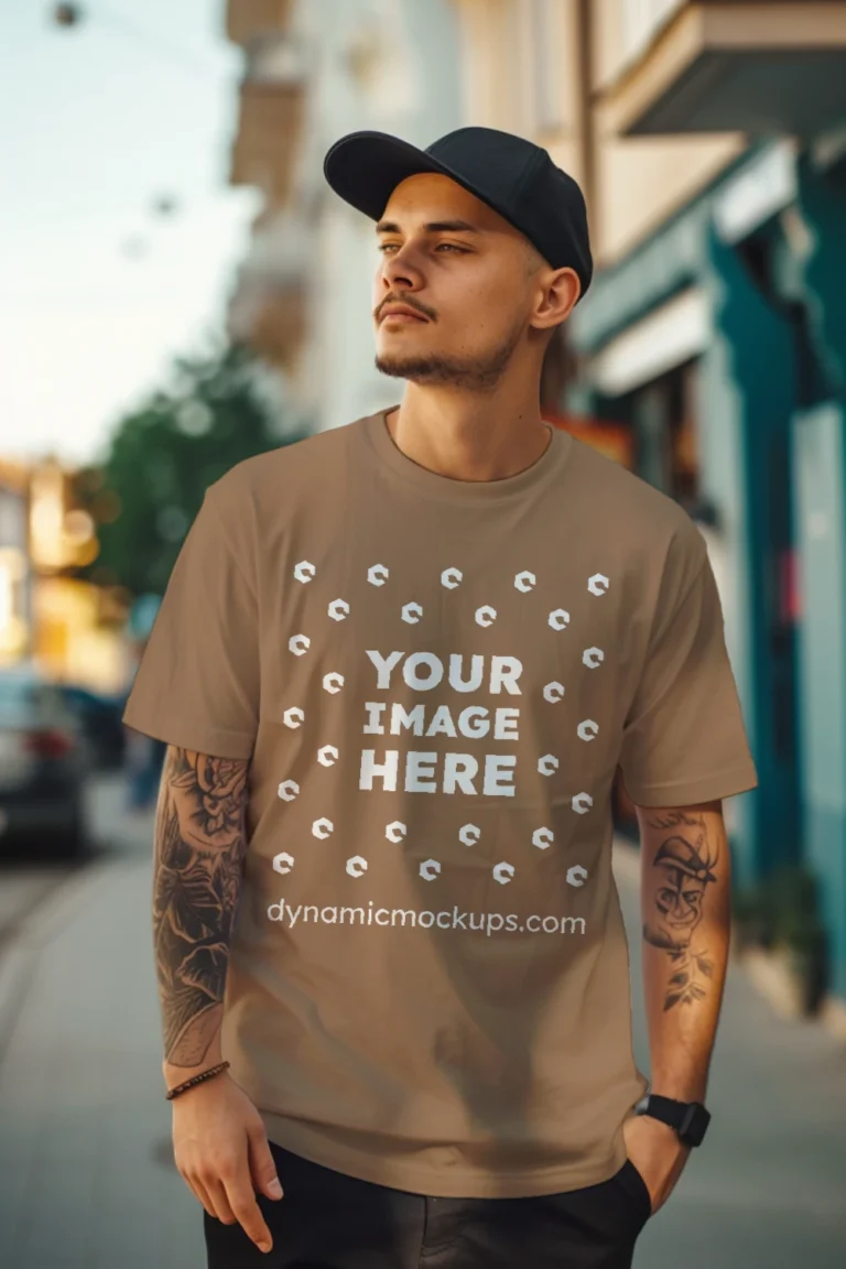 Man Wearing Brown T-shirt Mockup Front View Template