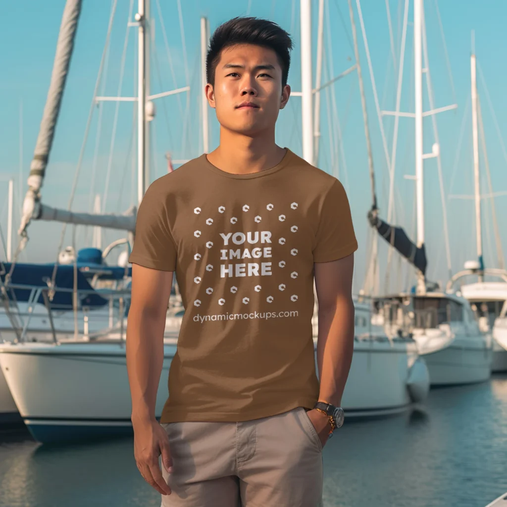 Man Wearing Brown T-shirt Mockup Front View Template