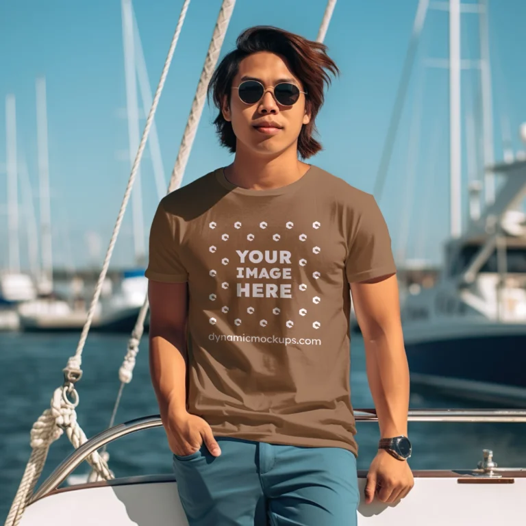 Man Wearing Brown T-shirt Mockup Front View Template