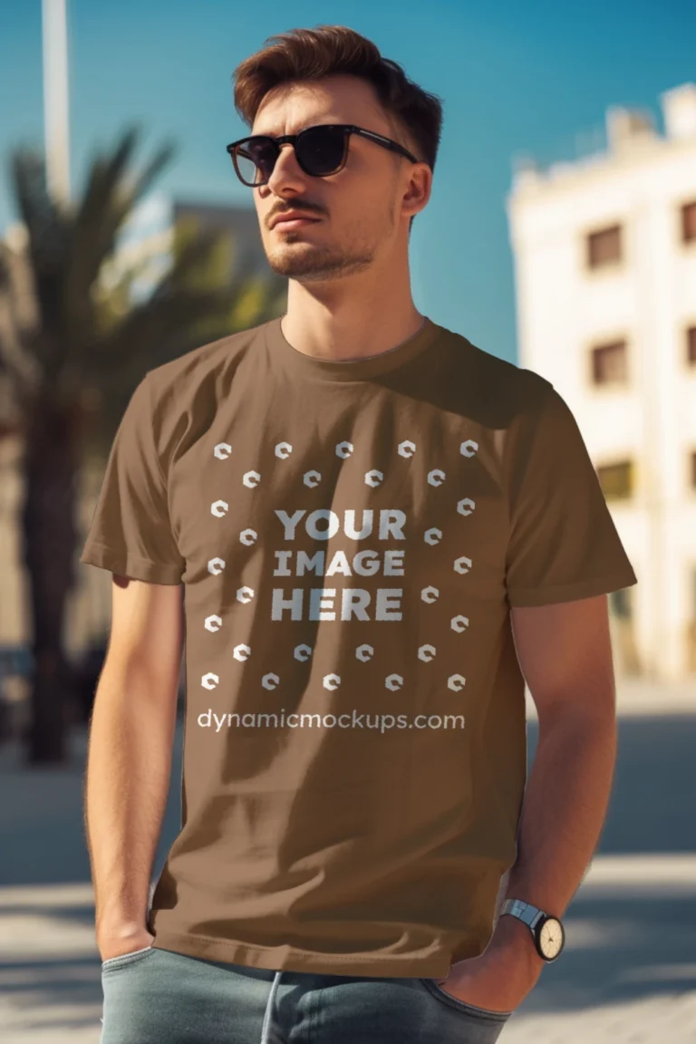 Man Wearing Brown T-shirt Mockup Front View Template