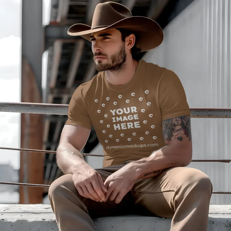 Man Wearing Brown T-shirt Mockup Front View Template