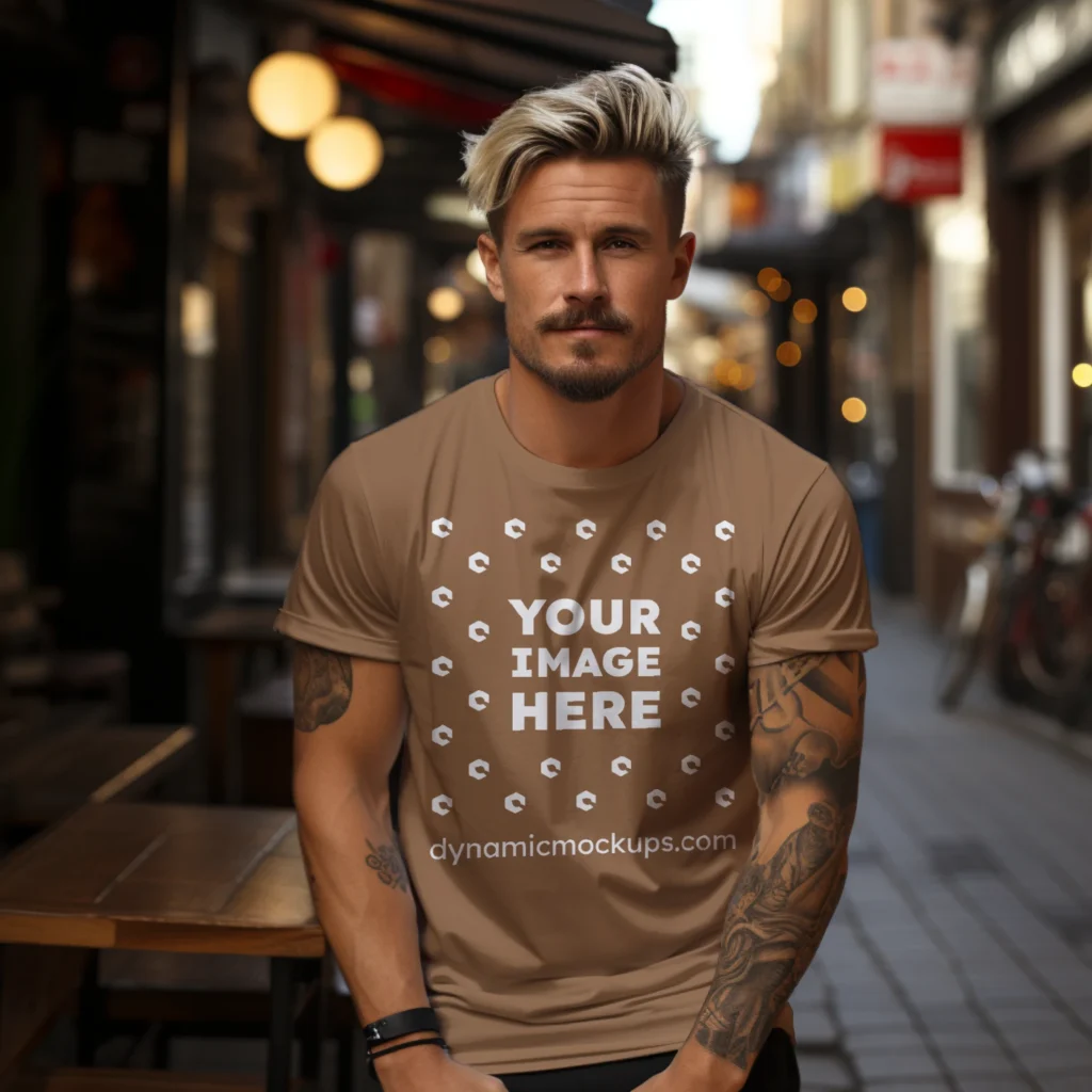 Man Wearing Brown T-shirt Mockup Front View Template