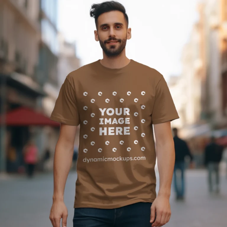 Man Wearing Brown T-shirt Mockup Front View Template