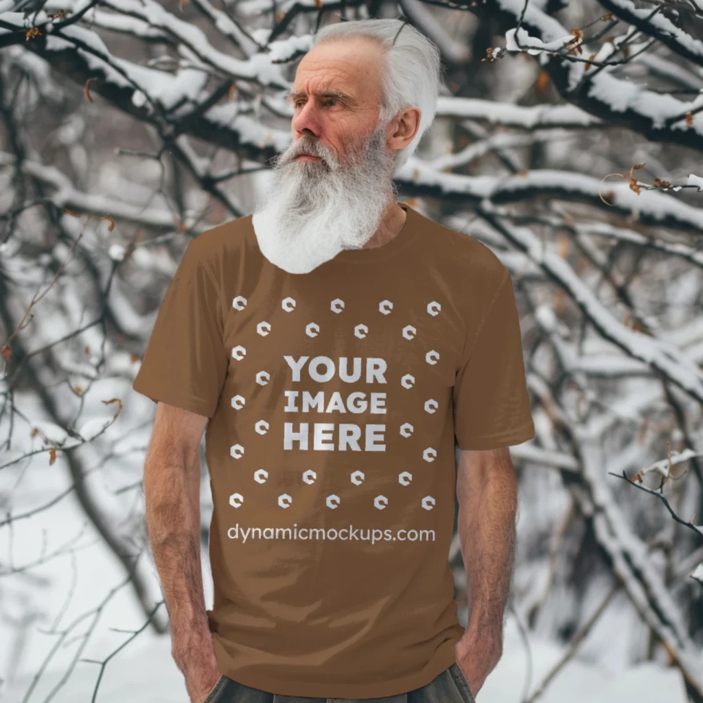 Man Wearing Brown T-shirt Mockup Front View Template