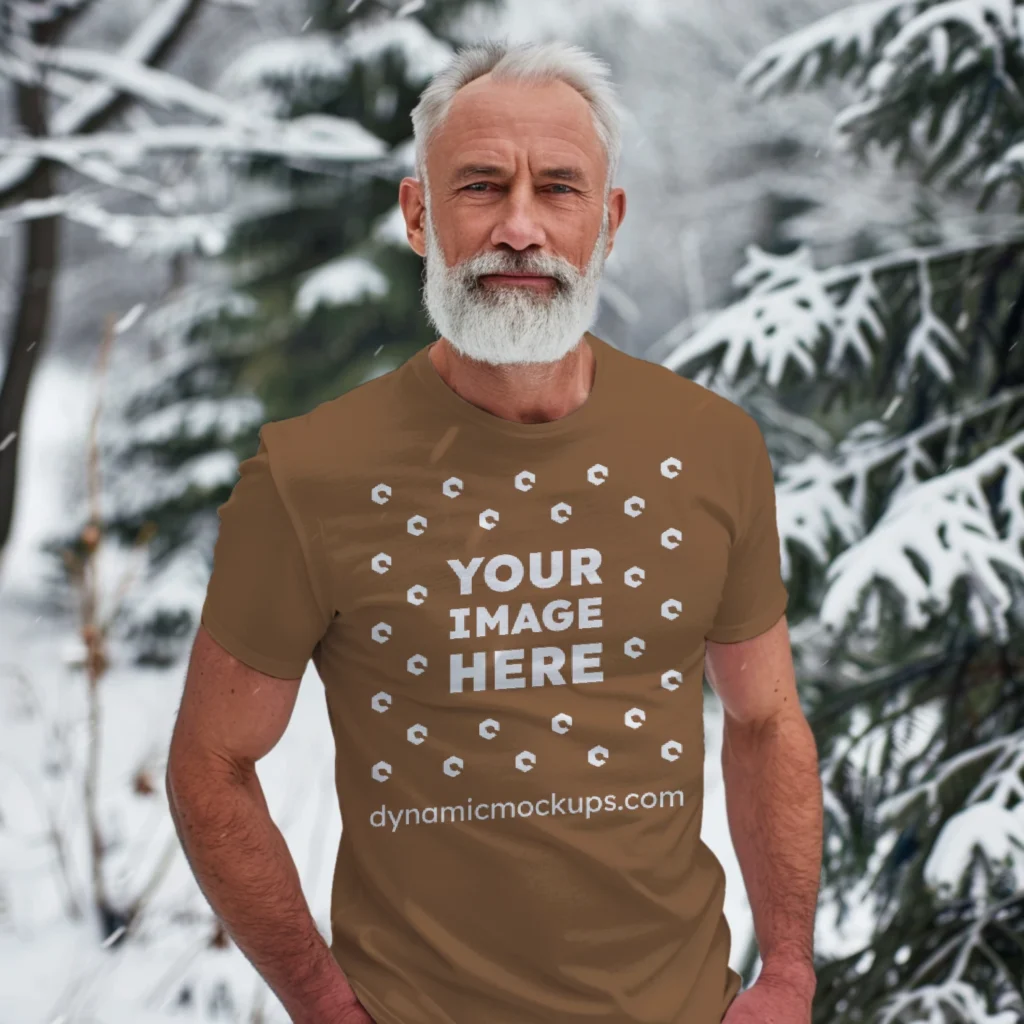 Man Wearing Brown T-shirt Mockup Front View Template