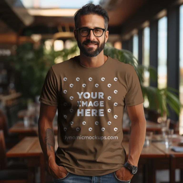 Man Wearing Brown T-shirt Mockup Front View Template