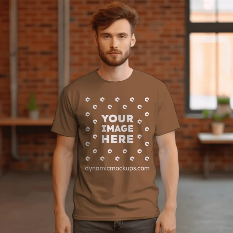 Man Wearing Brown T-shirt Mockup Front View Template