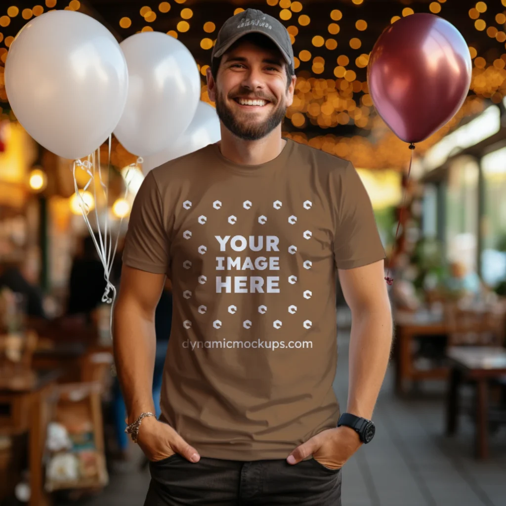 Man Wearing Brown T-shirt Mockup Front View Template