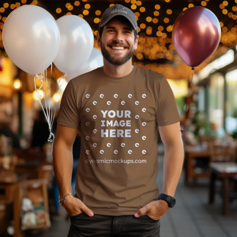 Man Wearing Brown T-shirt Mockup Front View Template