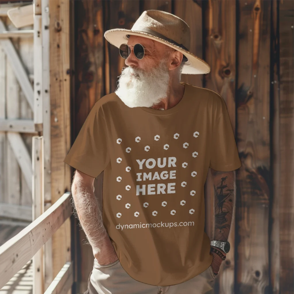 Man Wearing Brown T-shirt Mockup Front View Template