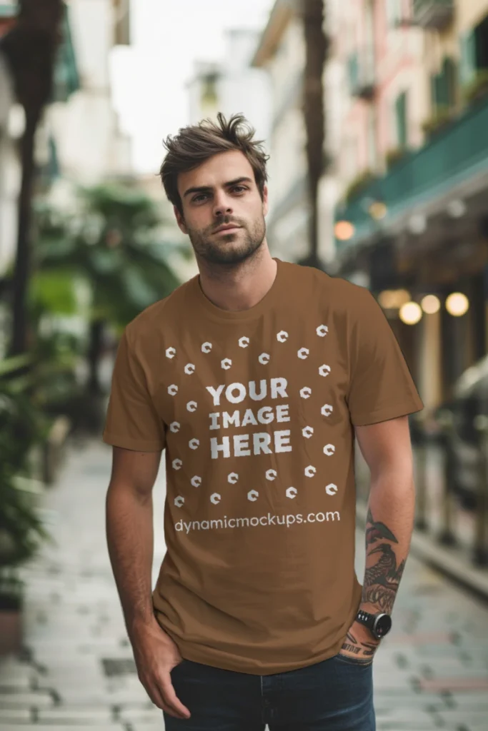 Man Wearing Brown T-shirt Mockup Front View Template