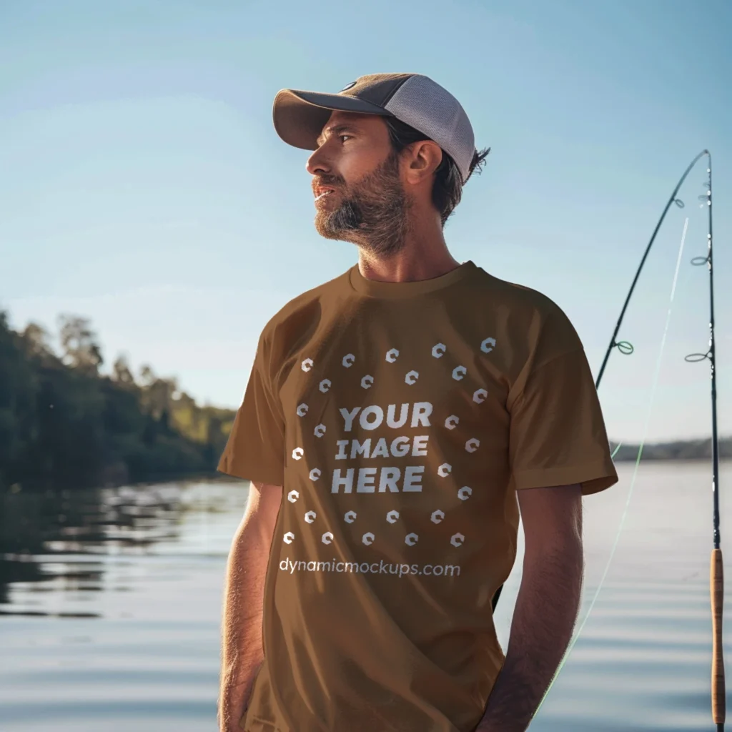 Man Wearing Brown T-shirt Mockup Front View Template